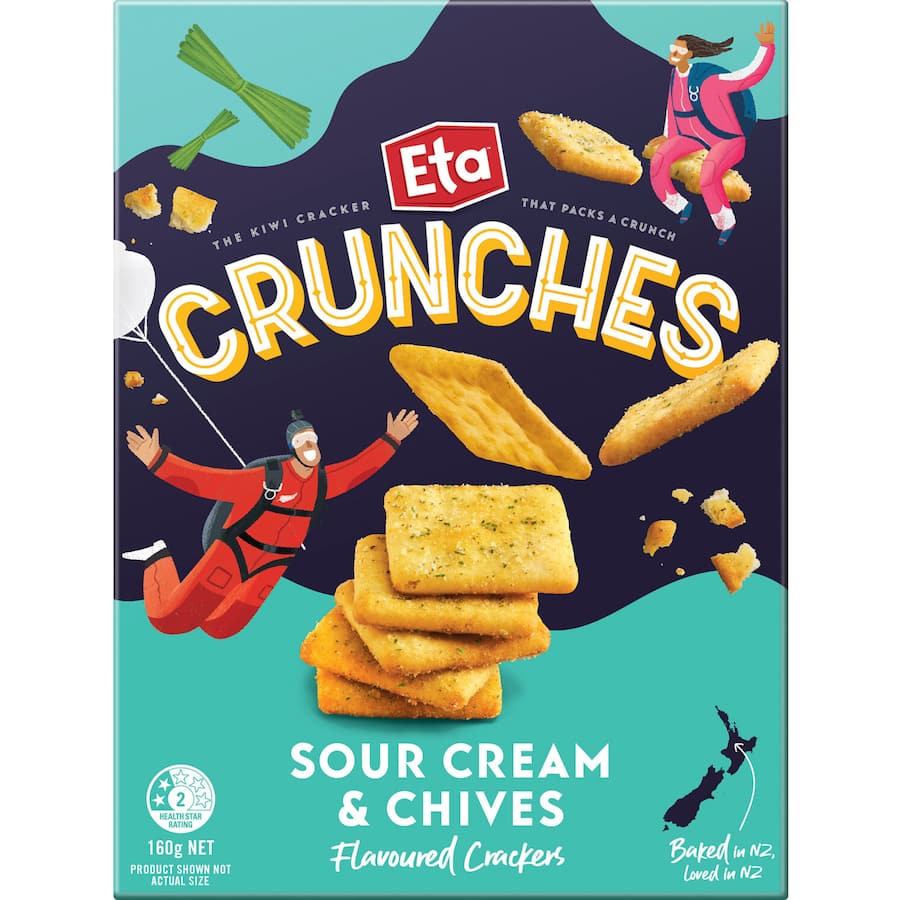 Crispy Eta Crunches Crackers with savory sour cream and chives flavor, perfect for sophisticated snacking.