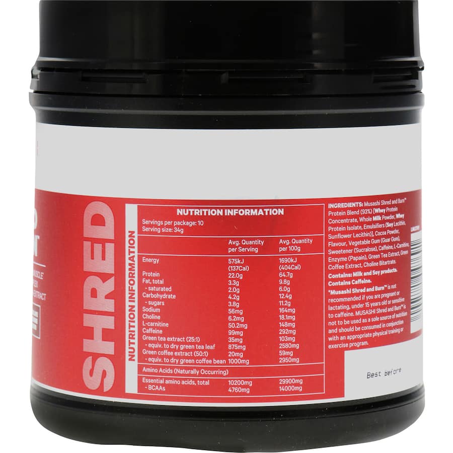 Musashi Shred & Burn Protein Powder in Chocolate, designed for muscle recovery and weight management with natural fat-burning ingredients.
