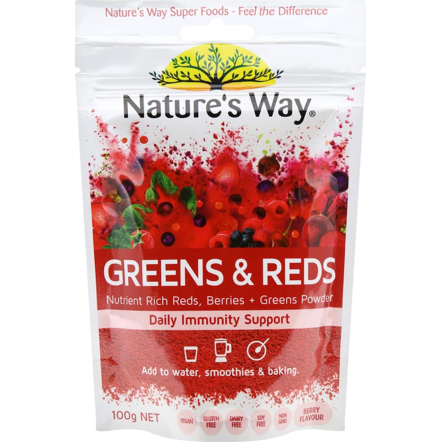 Nature's Way Super Foods Greens & Reds Powder, a blend of 23 superfoods with berry flavor for daily vitality and wellness.