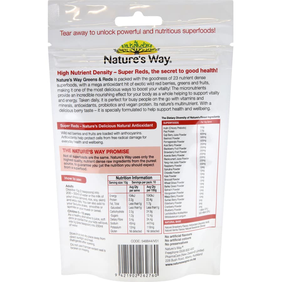 Nature's Way Super Foods Greens & Reds Powder with wild red berries, greens, and fruits for a nutrient-rich vitality boost.