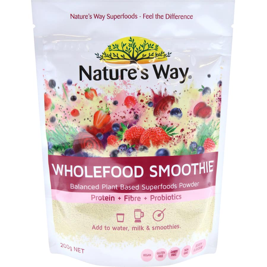 Berry-flavored smoothie powder packed with 15 wholefood ingredients for energy, immunity, and gut health support.