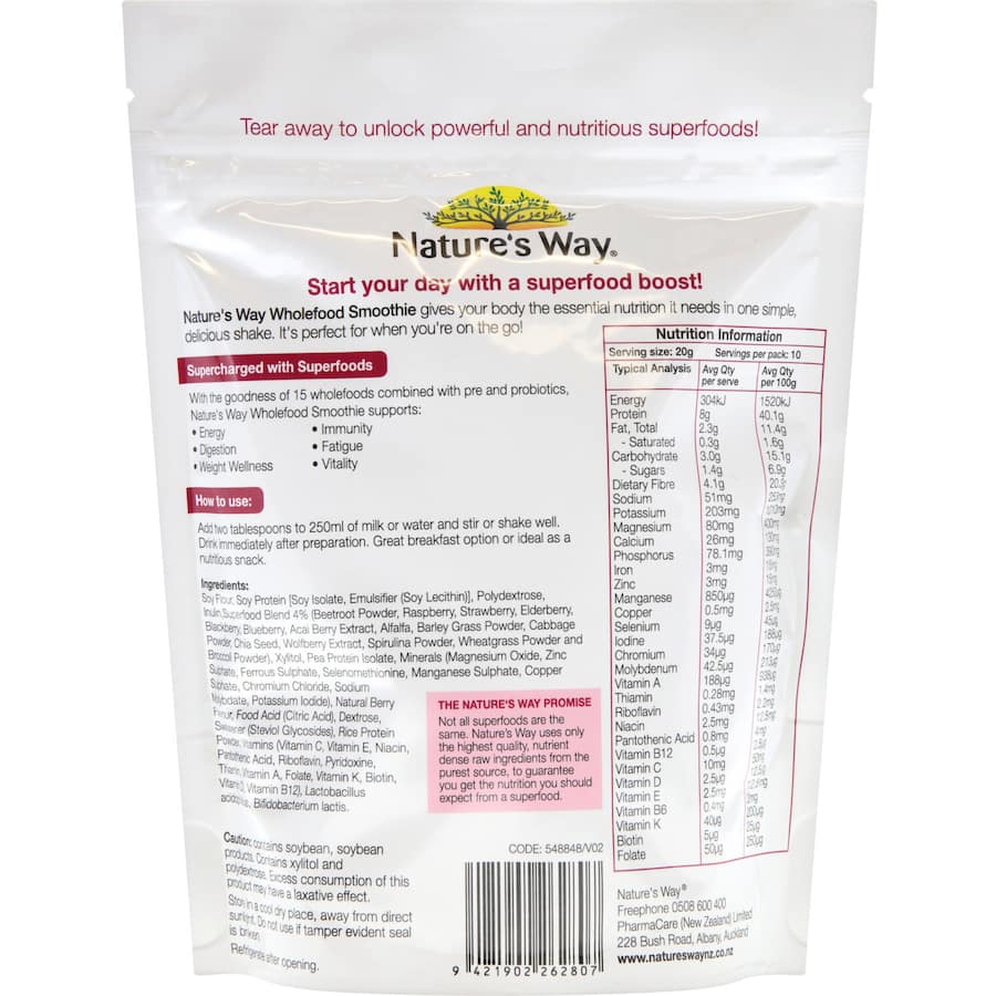 Berry-flavored smoothie powder packed with 15 wholefood ingredients for energy, immunity, and gut health on the go.