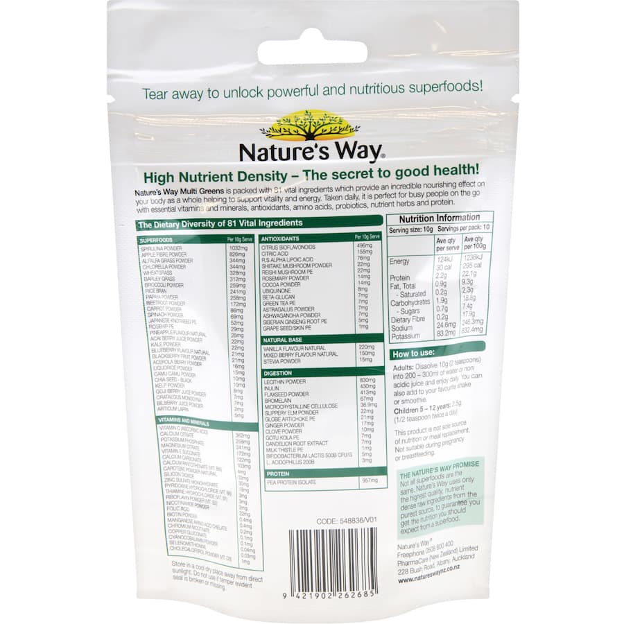 Nature's Way Super Foods Multi Greens Powder, a nutrient-rich blend with 81 ingredients for energy and wellness.