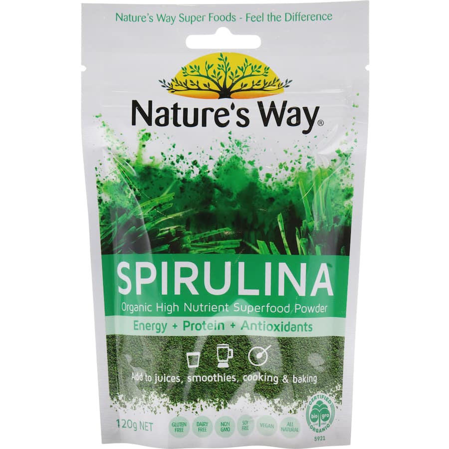 Nature's Way Super Foods Spirulina: organic superfood rich in 80+ nutrients, supporting immune health and overall wellness.