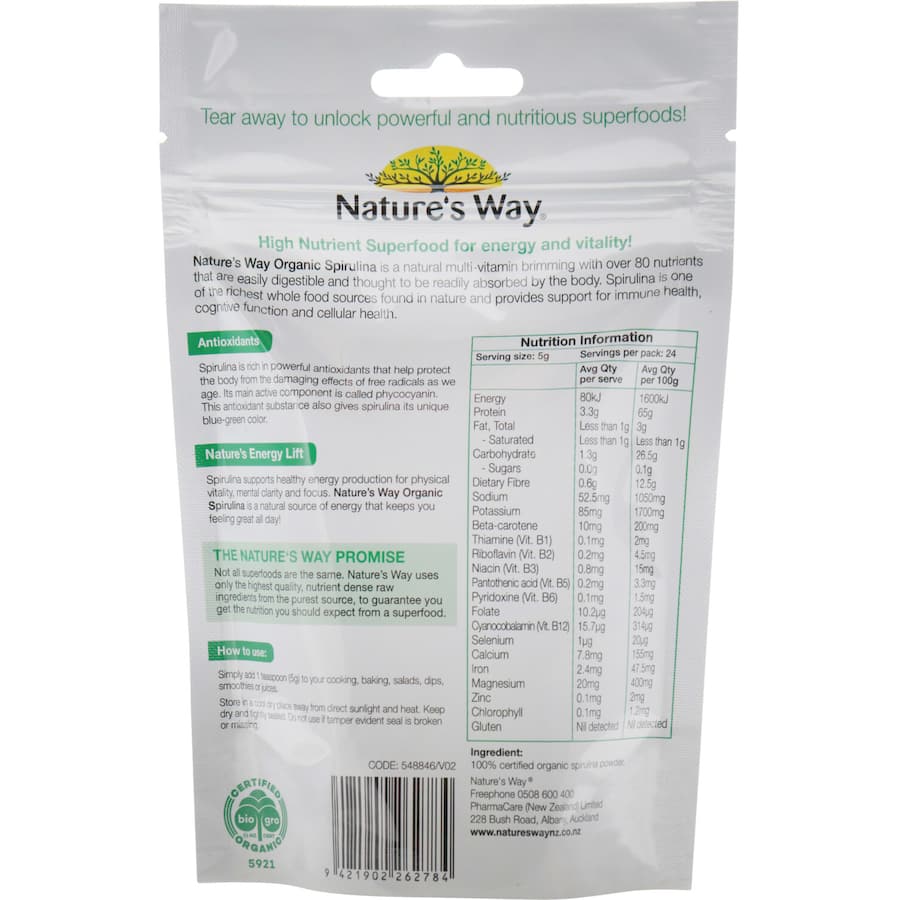 Organic spirulina powder from Nature's Way, packed with 80+ nutrients for immune support and vibrant health.