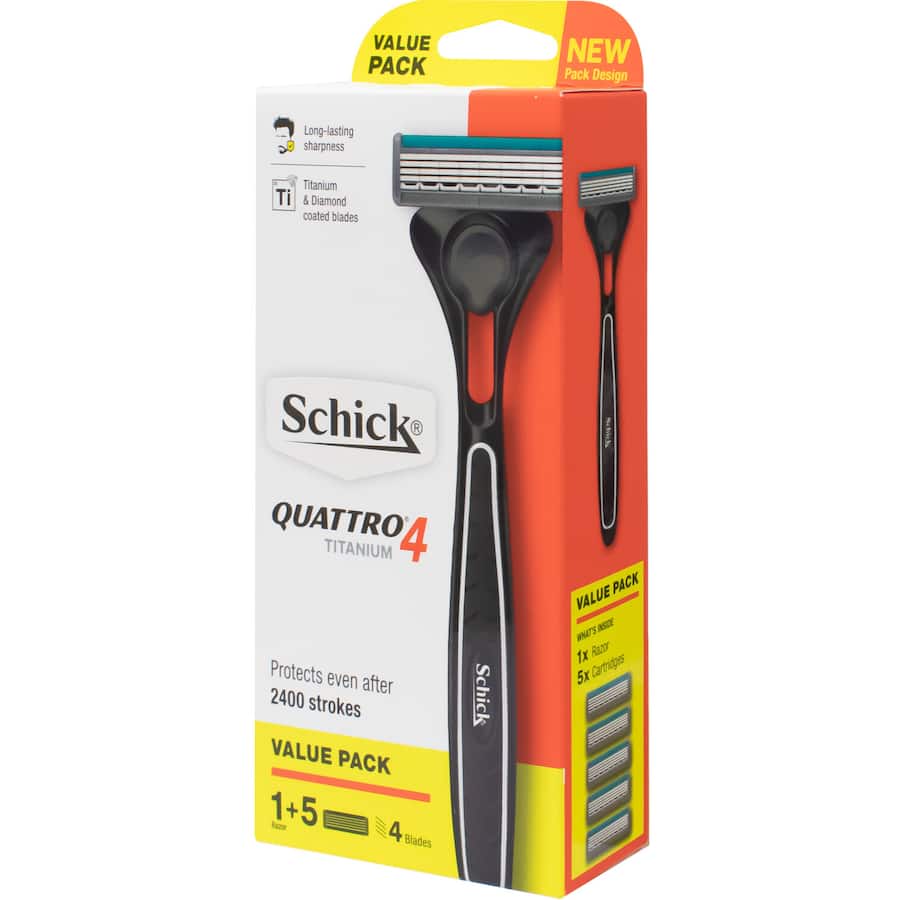 Schick Quattro 4 Titanium Razor with 5 blades, featuring titanium coating and aloe strip for a smooth, irritation-free shave.