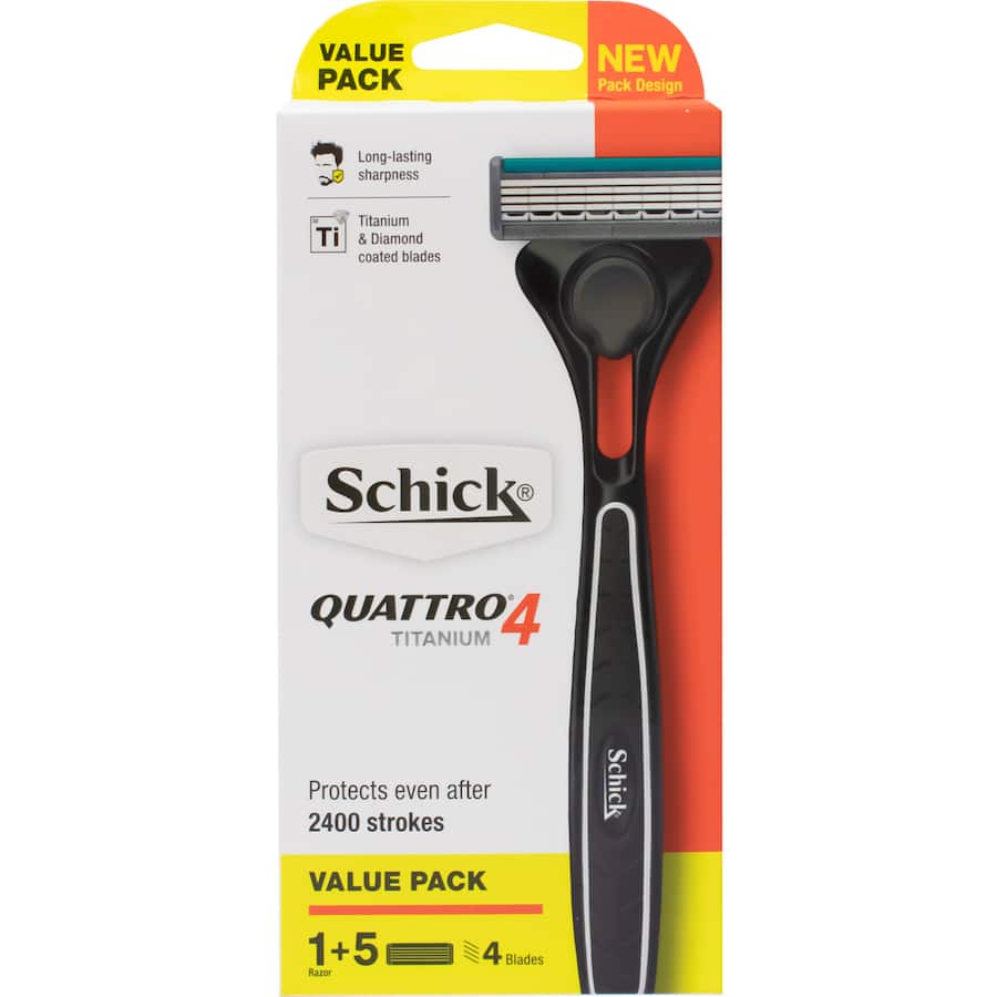 Schick Quattro 4 Titanium Razor with 5 blades for a smooth, irritation-free shave and precision edging.