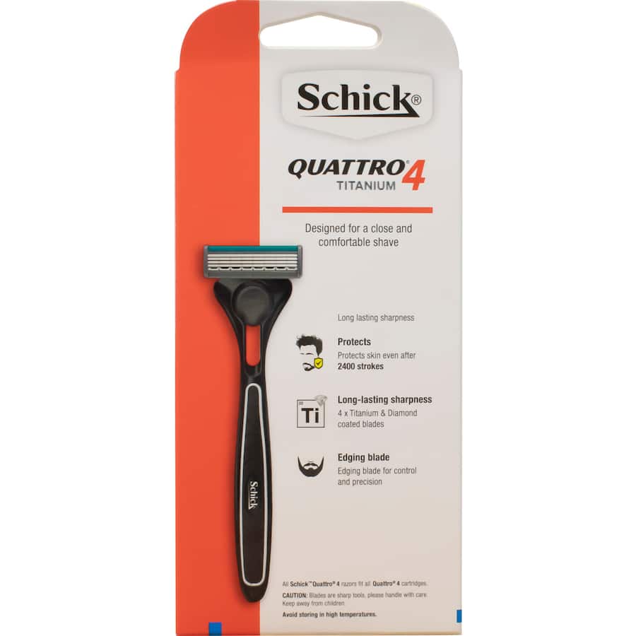 Schick Quattro 4 Titanium Razor with 5 durable blades for a close, irritation-free shave and precision edging.