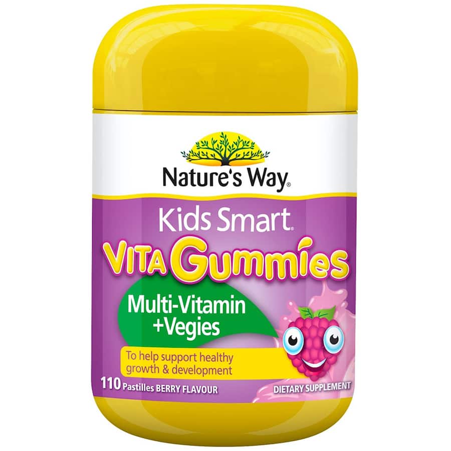 Berry-flavored pastilles with essential vitamins and vegetable extracts for children's growth and immune support.
