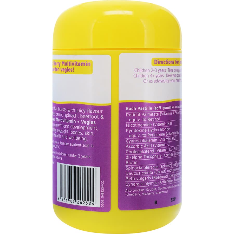 Berry-flavored Kids Smart Multi-vitamins pastilles, enriched with vitamins and veggie extracts for healthy growth.