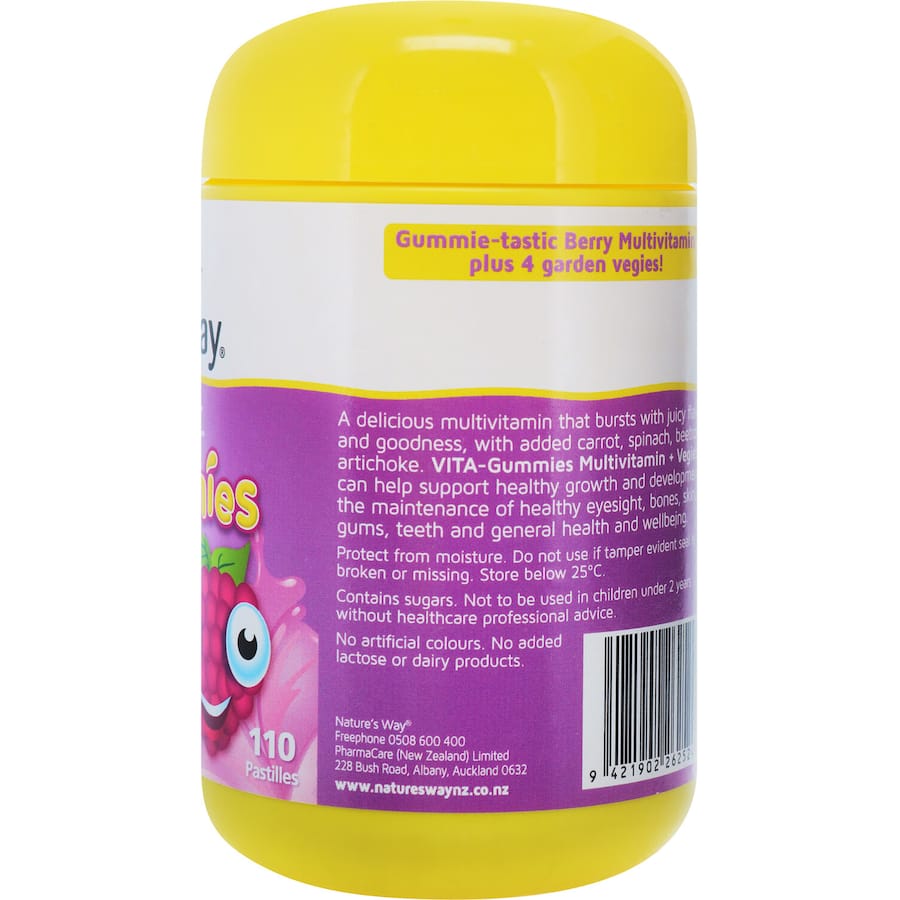 Berry-flavored pastilles for kids packed with essential vitamins and veggie extracts for healthy growth and immunity support.