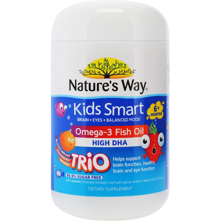 Chewable fish oil burstlets for kids, high in DHA, supporting cognitive health with fruity flavors and 99.9% sugar-free.