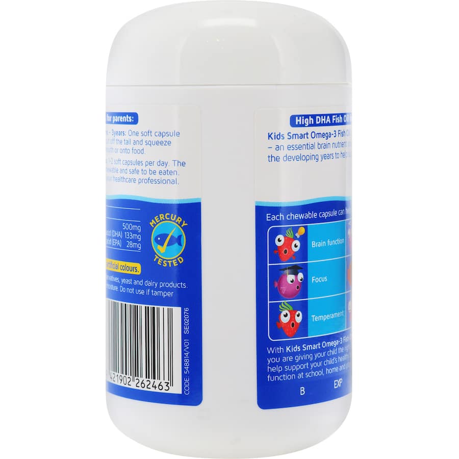 Kids Smart Fish Oil Trio burstlets in fruity flavors support cognitive health with DHA, promoting learning and eye health.