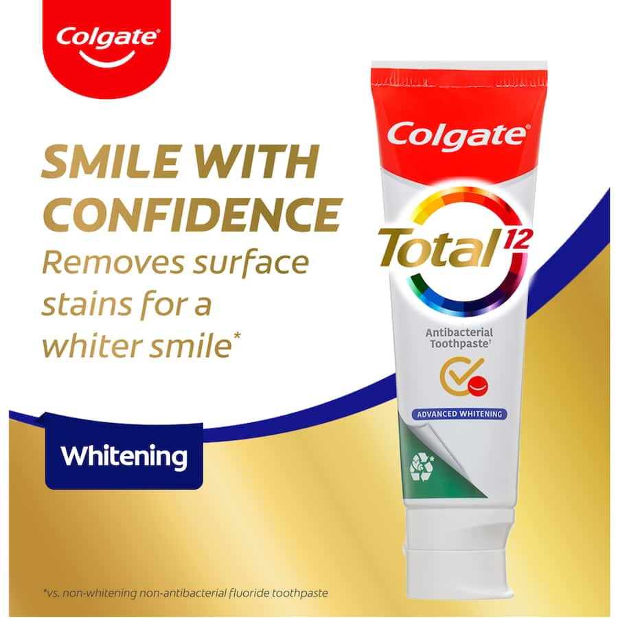 Colgate Total Antibacterial Toothpaste Whitening offers 12-hour protection, whitening, and whole mouth health in a 115g tube.