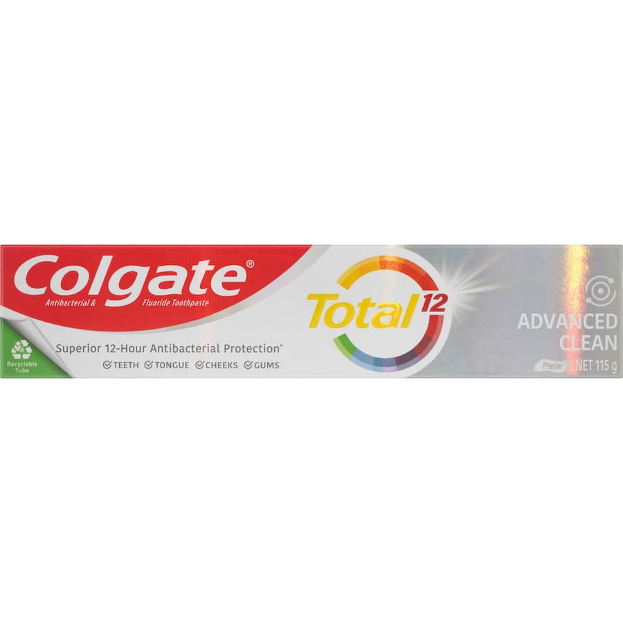 Colgate Total Antibacterial Toothpaste Advanced Clean provides 12-hour oral hygiene with micro cleaning particles for a healthier mouth.