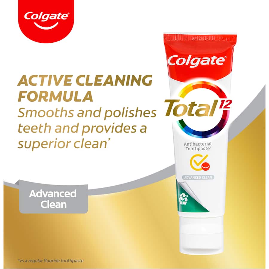 Colgate Total Antibacterial Toothpaste Advanced Clean for 12-hour bacteria protection, smooth polish, and fresh breath.