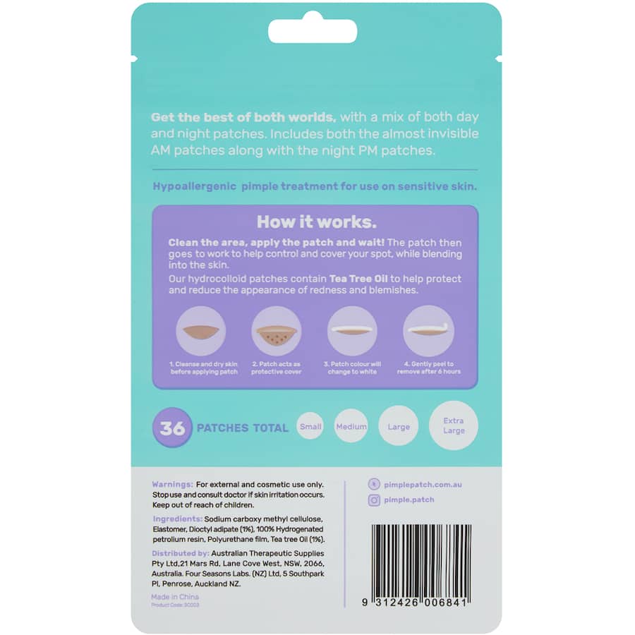 Hydrocolloid patches for day and night acne treatment, designed for effective blemish relief and skin protection.