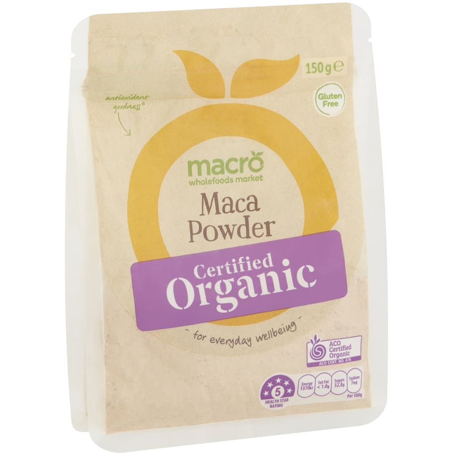 Macro Organic Maca Powder in a 150g pouch, a gluten-free superfood for enhanced energy and overall wellbeing.