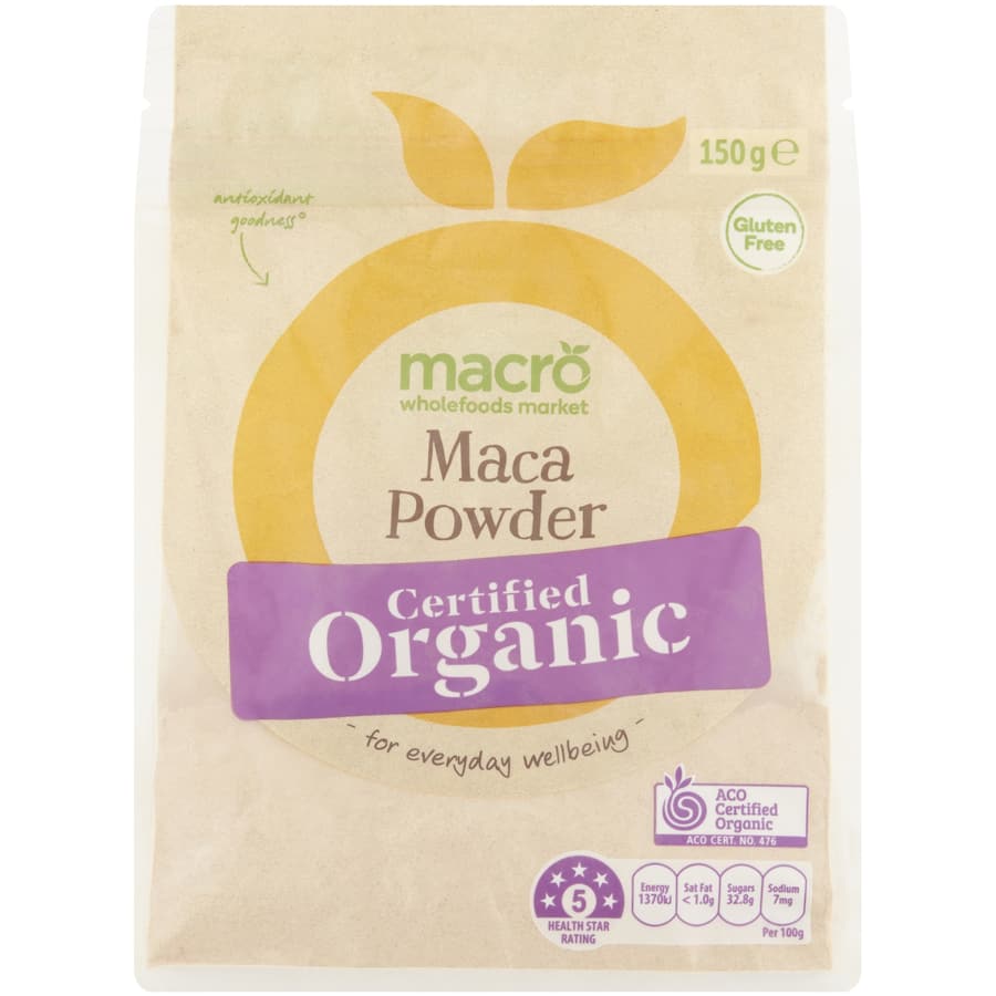 Macro Organic Maca Powder in a 150g resealable pouch, a gluten-free superfood for energy and vitality benefits.