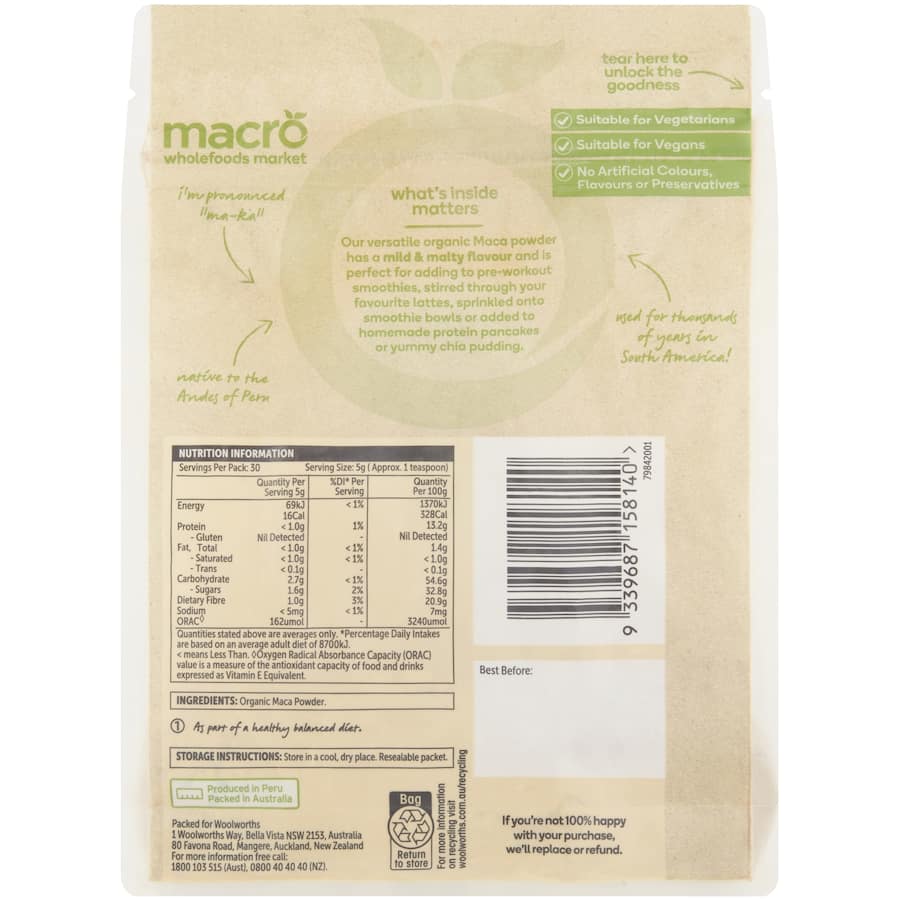 Macro Organic Maca Powder in a 150g pouch, a gluten-free superfood rich in vitamins, minerals, and antioxidants.