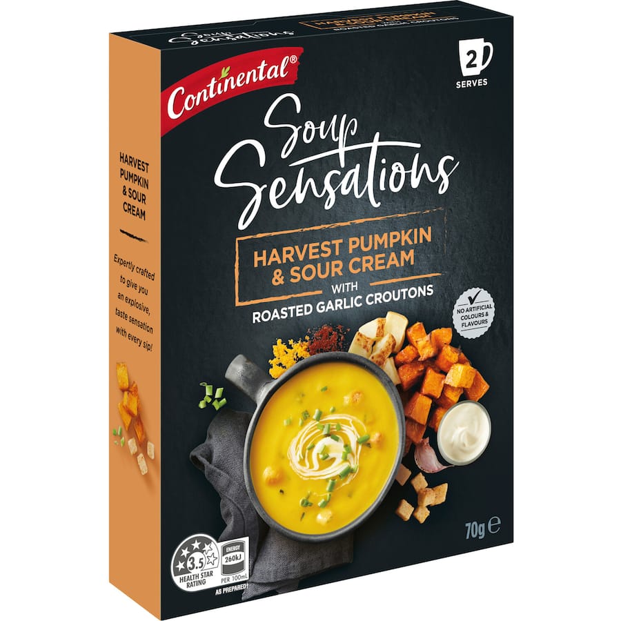 Creamy pumpkin soup mix with sour cream and garlic croutons, perfect for a quick, nutritious meal for two.