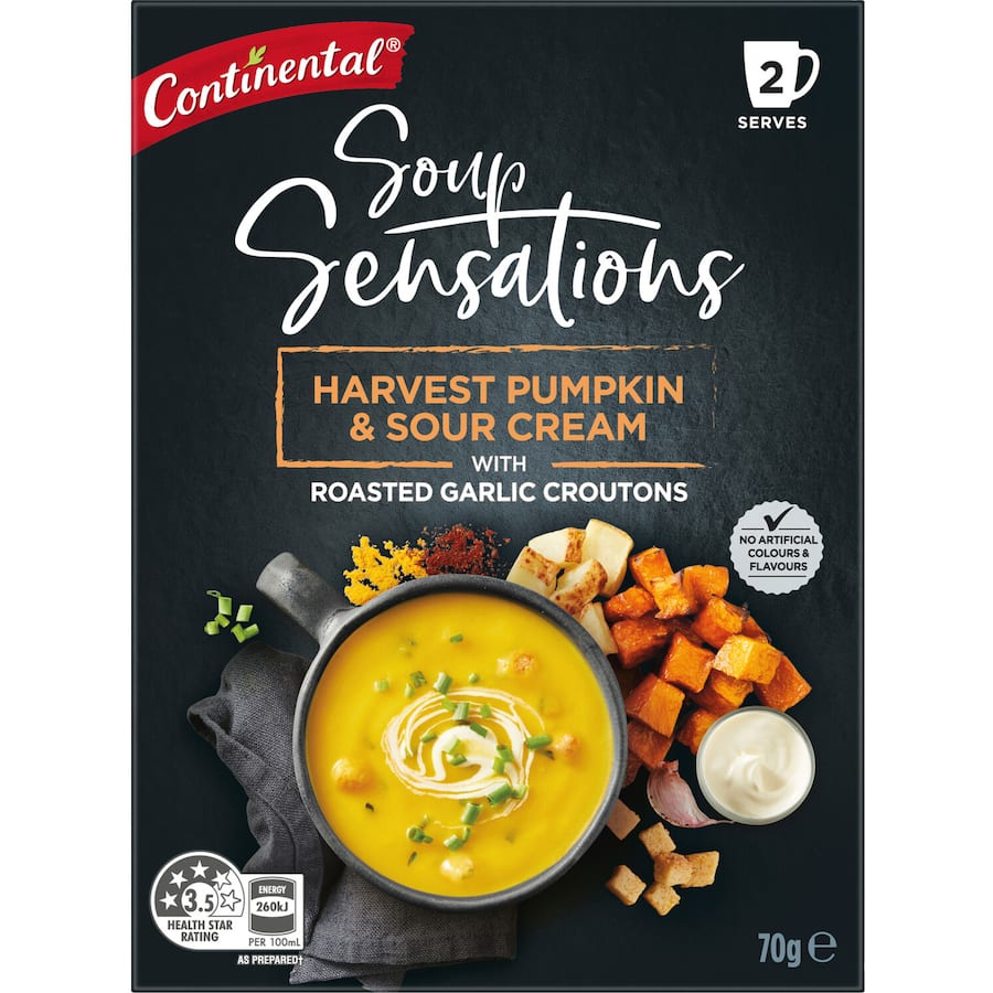 Creamy pumpkin and sour cream instant soup mix with roasted garlic croutons, perfect for a warm, quick meal for two.