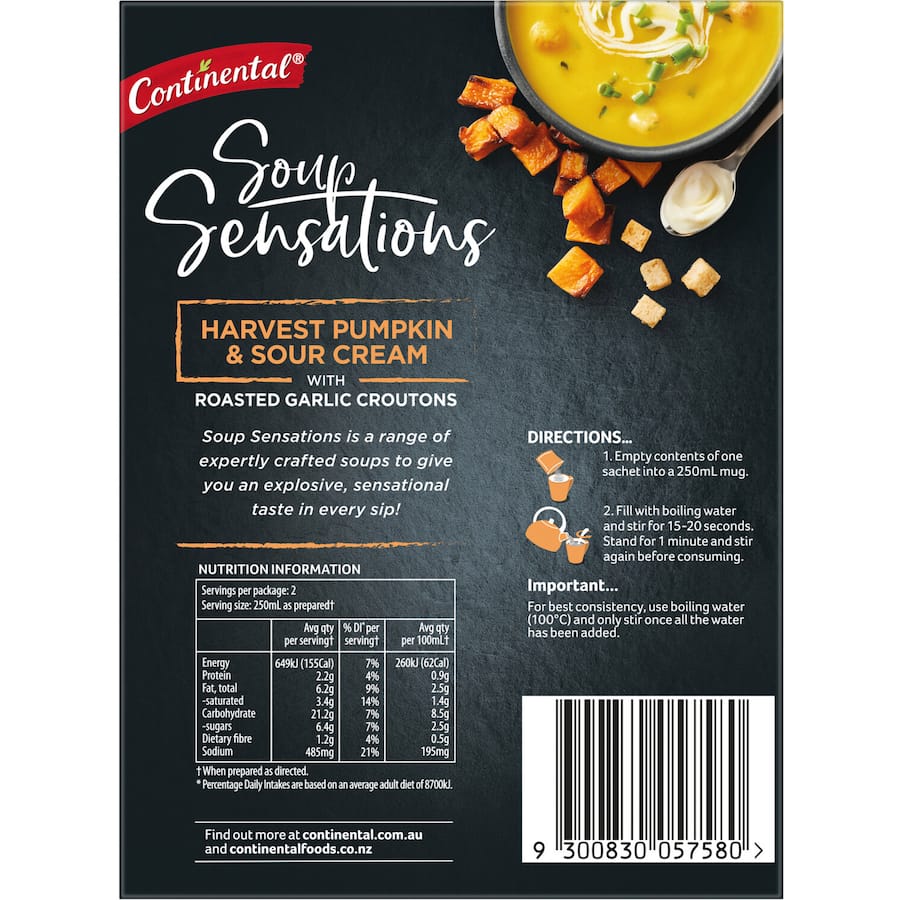 Creamy pumpkin and sour cream instant soup mix with roasted garlic croutons, perfect for a quick, comforting meal.
