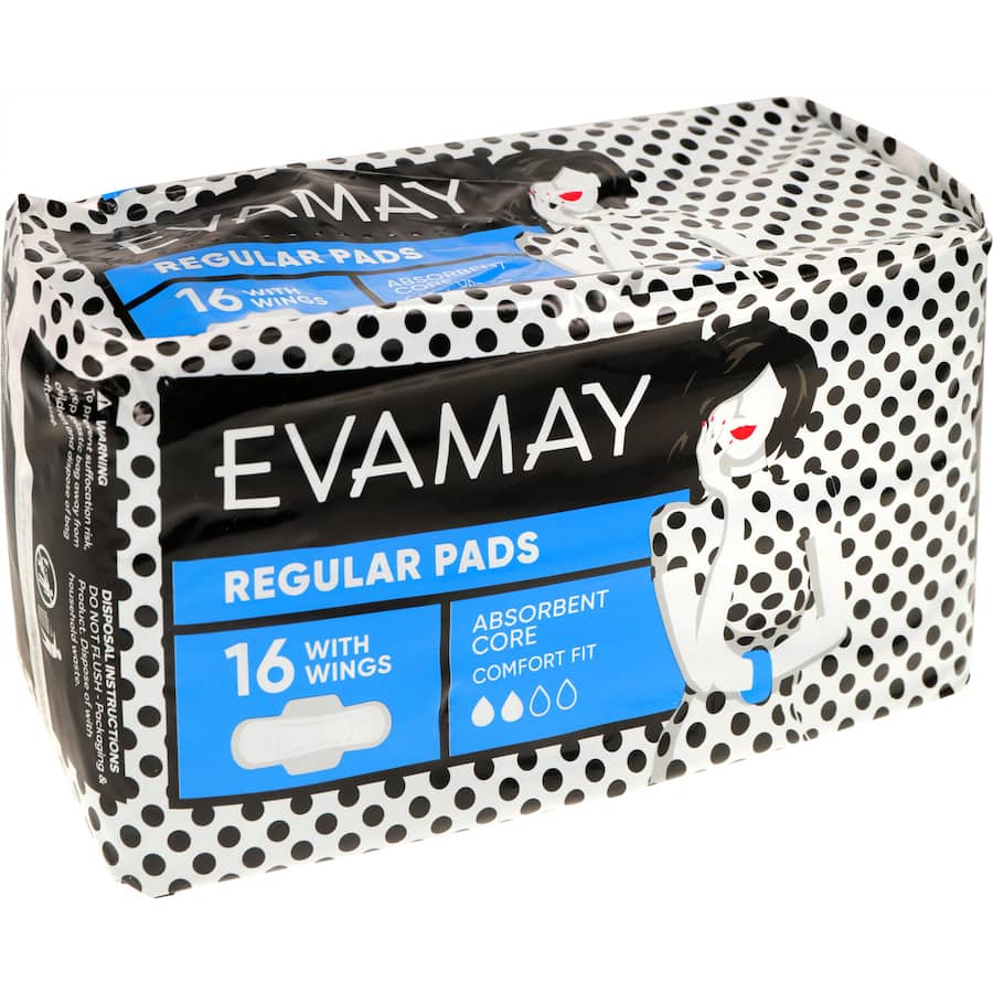 Evamay Pads Regular Wings: ultra-absorbent pads with soft top layer, wide wings, and anti-leak protection for daily comfort.