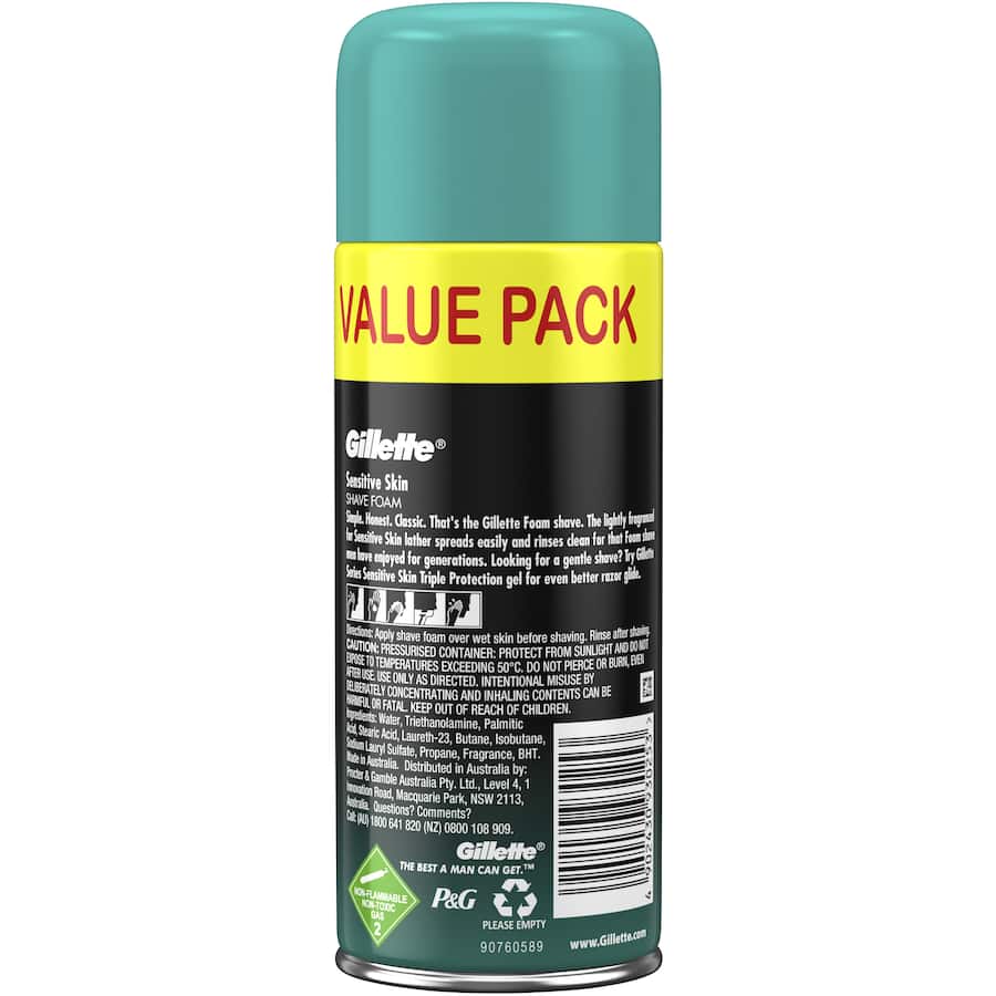 Gillette Shave Foam Sensitive Skin Value Pack for a smooth, irritation-free shave, perfect for delicate facial skin.