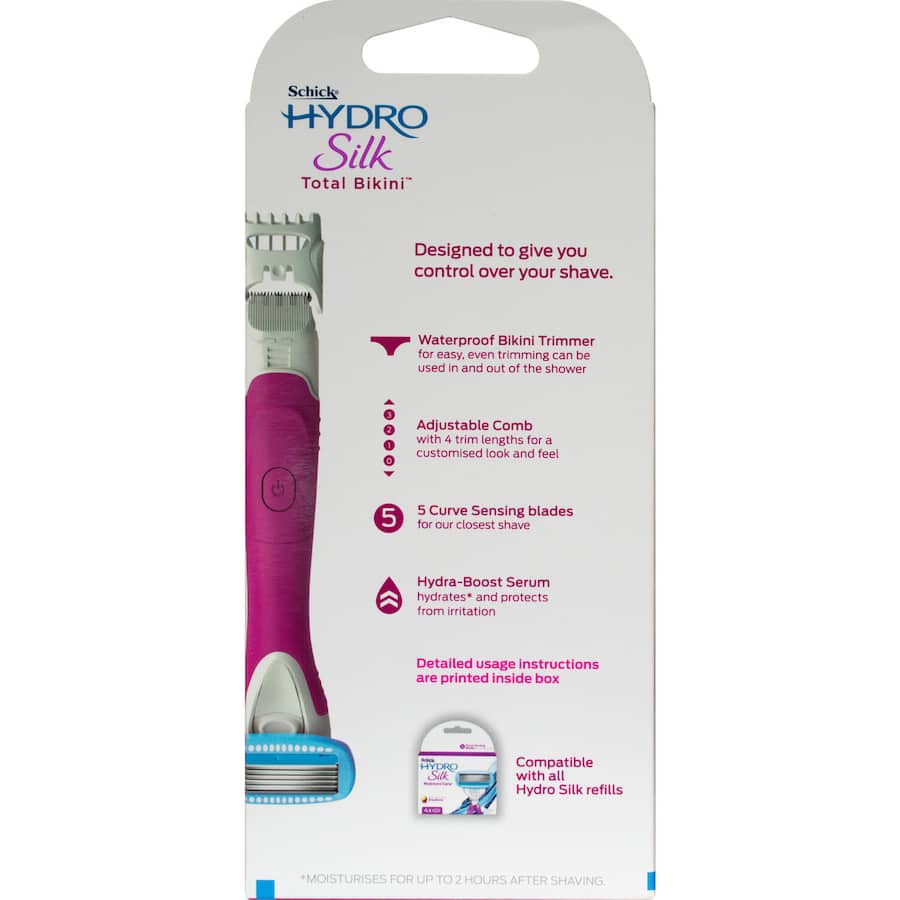 Schick Hydro Silk Razors Kit Total Bikini for ultra-close, hydrating shaves in sensitive areas, ideal for bikini line grooming.