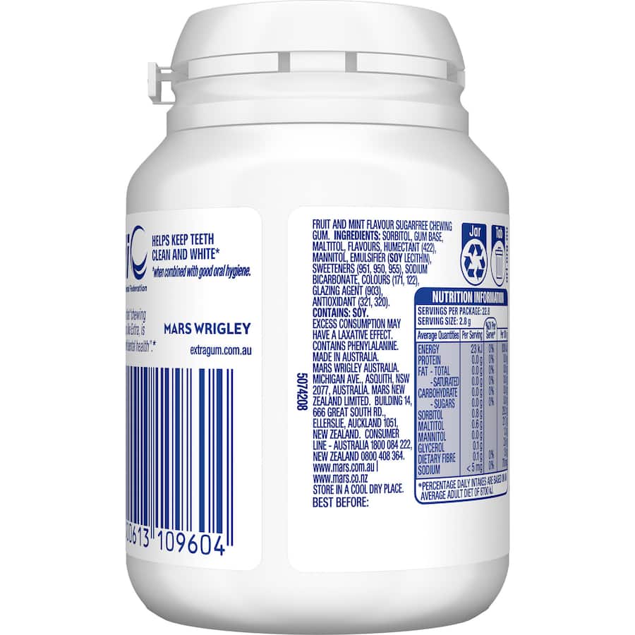 Wrigleys Extra Chewing Gum White Bubblemint Bottle 64g