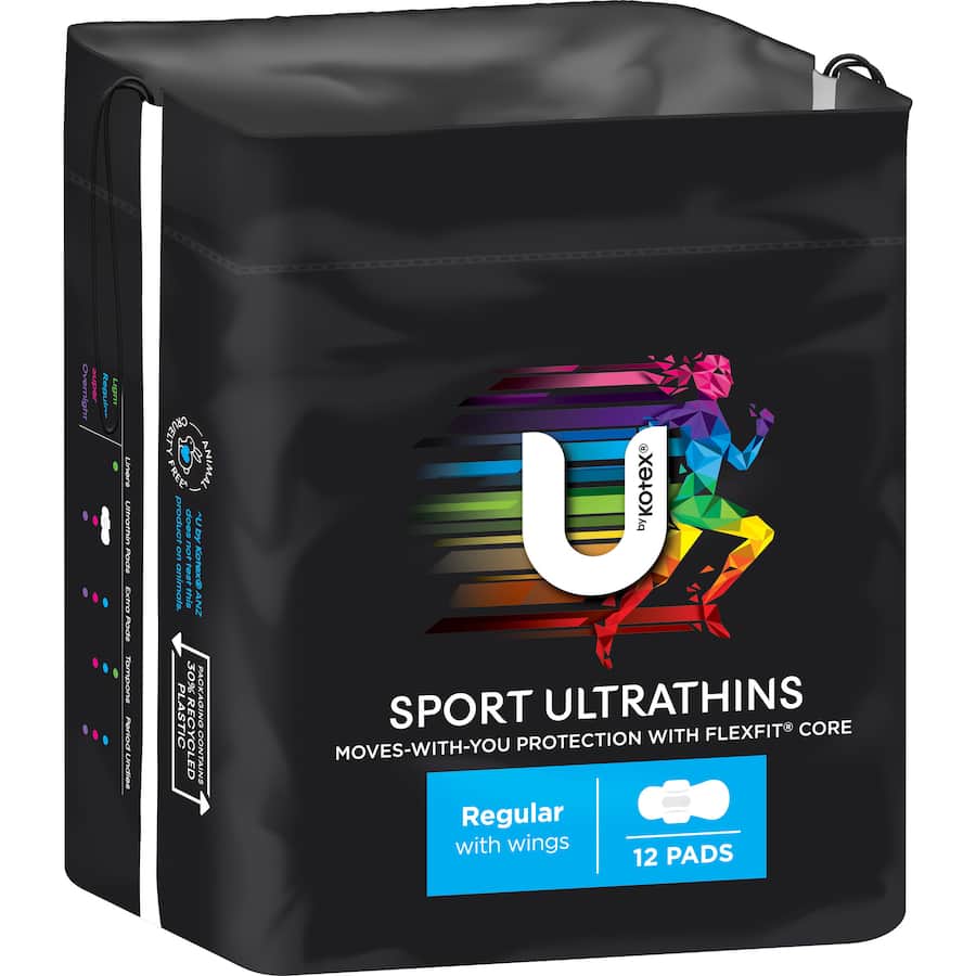 U By Kotex Ultra Thins Sport Pads with wings, offering ultra-thin, absorbent protection for active, medium flow days.