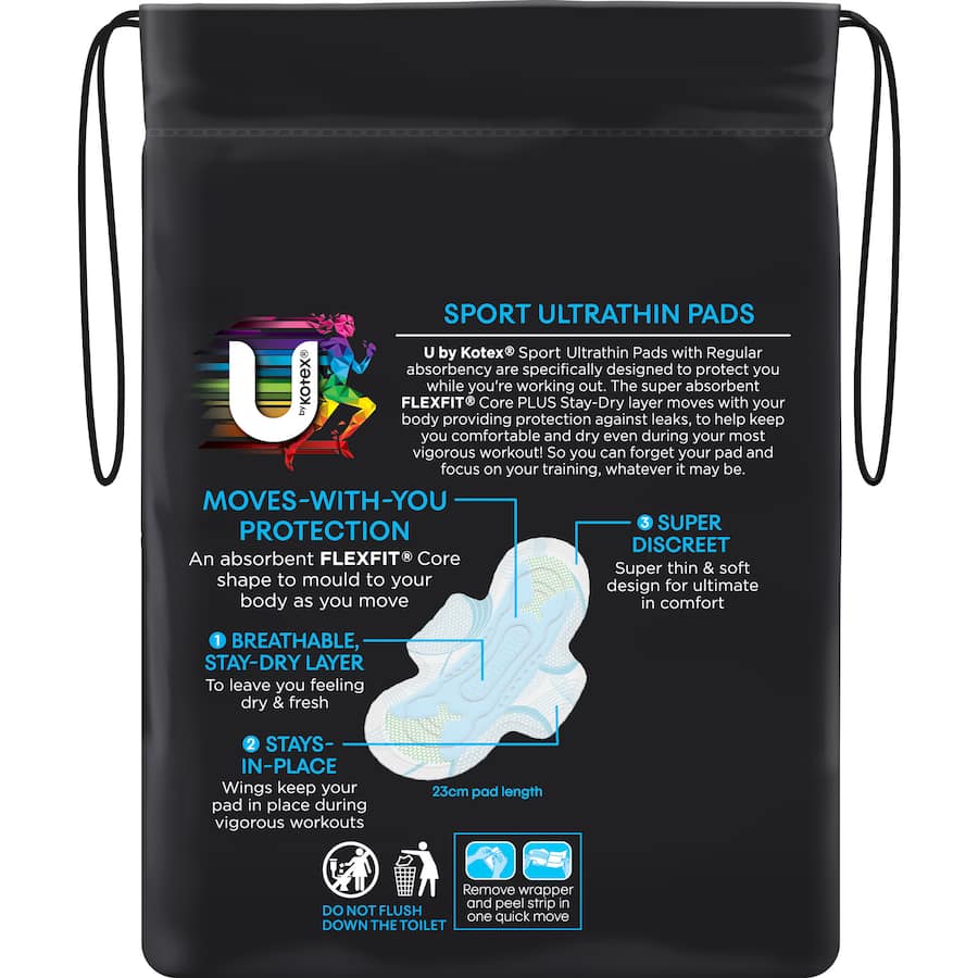 U By Kotex Ultra Thins Sport Pads with wings, designed for active women seeking comfortable, absorbent protection during workouts.