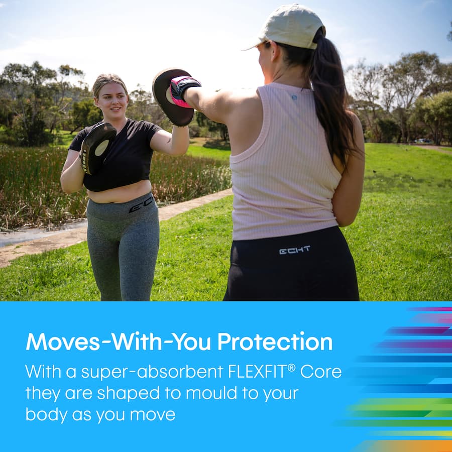 U By Kotex Ultra Thins Sport Pads with wings offer lightweight, flexible protection for active women on medium flow days.