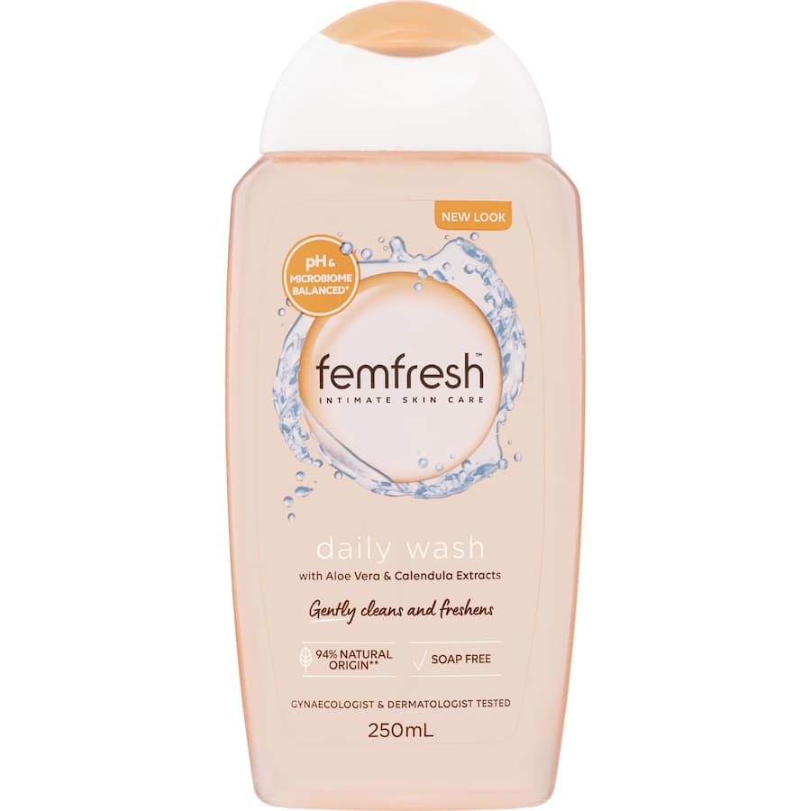 Gentle intimate wash with Aloe Vera and Calendula, designed for daily use to maintain pH balance and freshness.