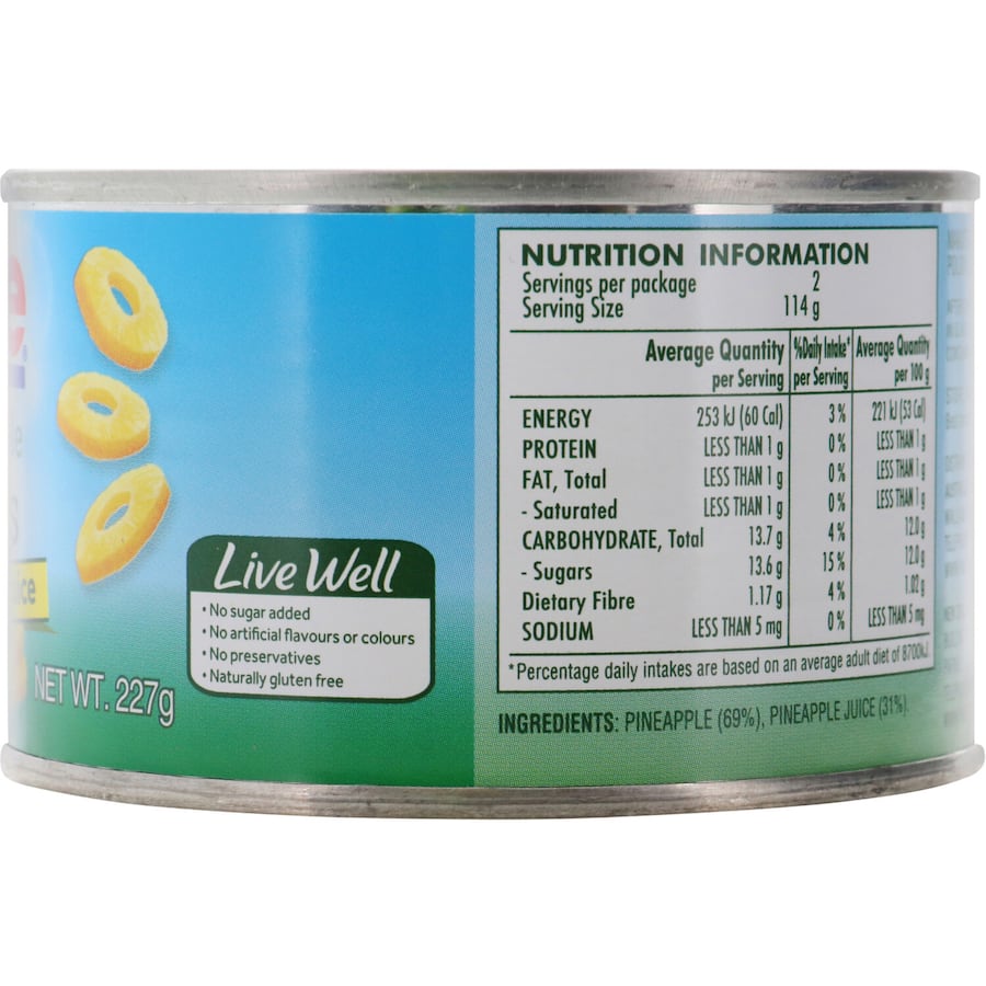 Dole Tropical Pineapple Slices In Juice Can 227g