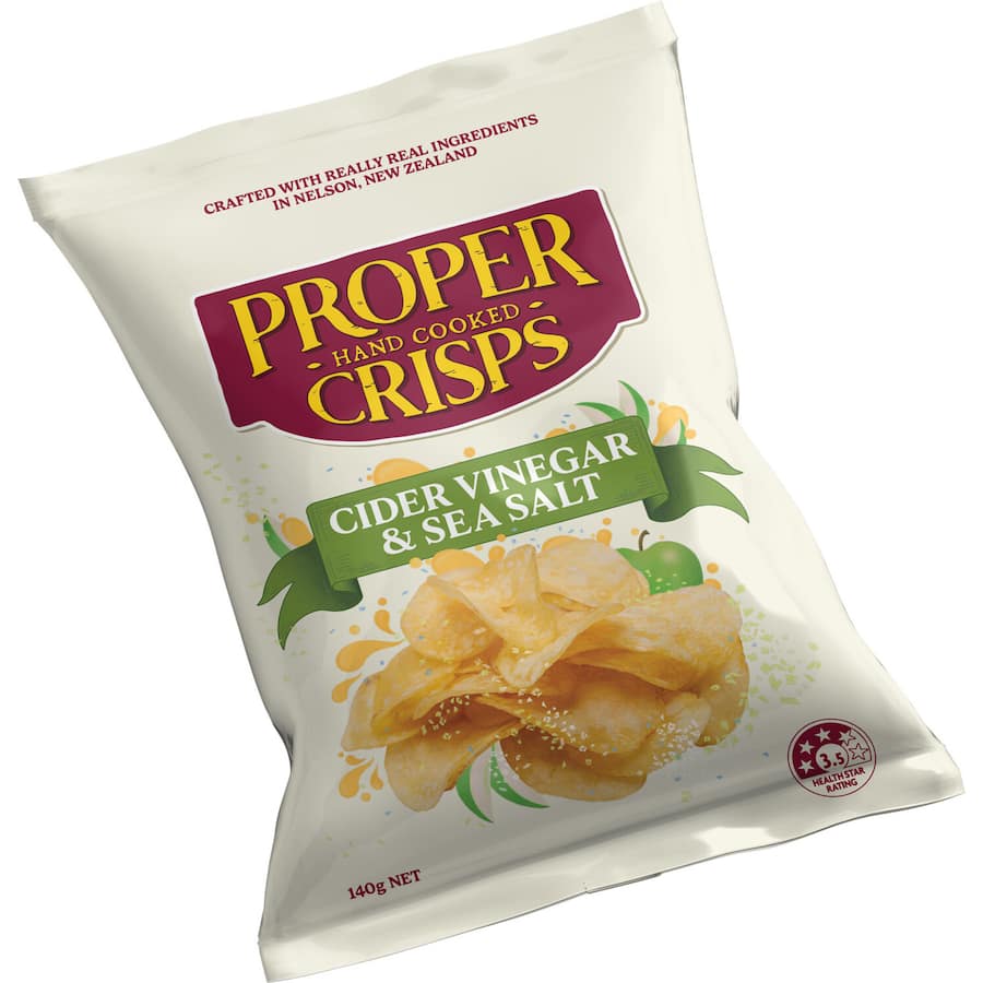 Proper Crisps Chips with cider vinegar and sea salt, made from 100% New Zealand potatoes for a gluten-free, vegan snack.