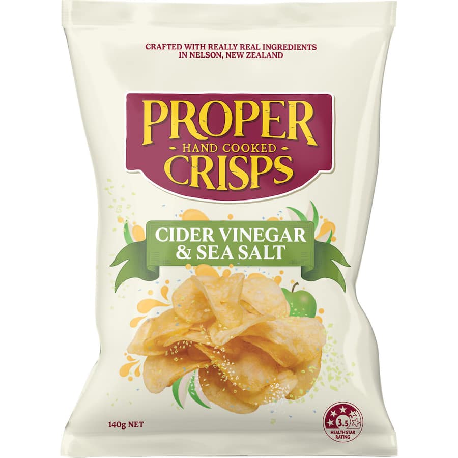 Crispy Proper Crisps Chips with cider vinegar and sea salt, made from New Zealand potatoes, gluten-free and vegan snack.