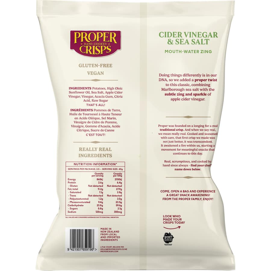 Proper Crisps Chips in Cider Vinegar & Sea Salt, made from New Zealand potatoes, gluten-free, vegan, and deliciously crunchy.