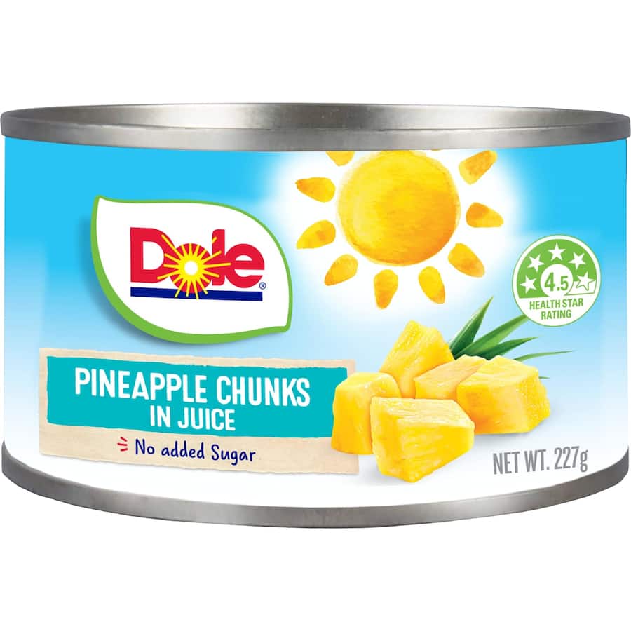 Dole Tropical Pineapple Chunks in juice, perfect for enhancing fruit salads, desserts, and savory dishes with juicy sweetness.