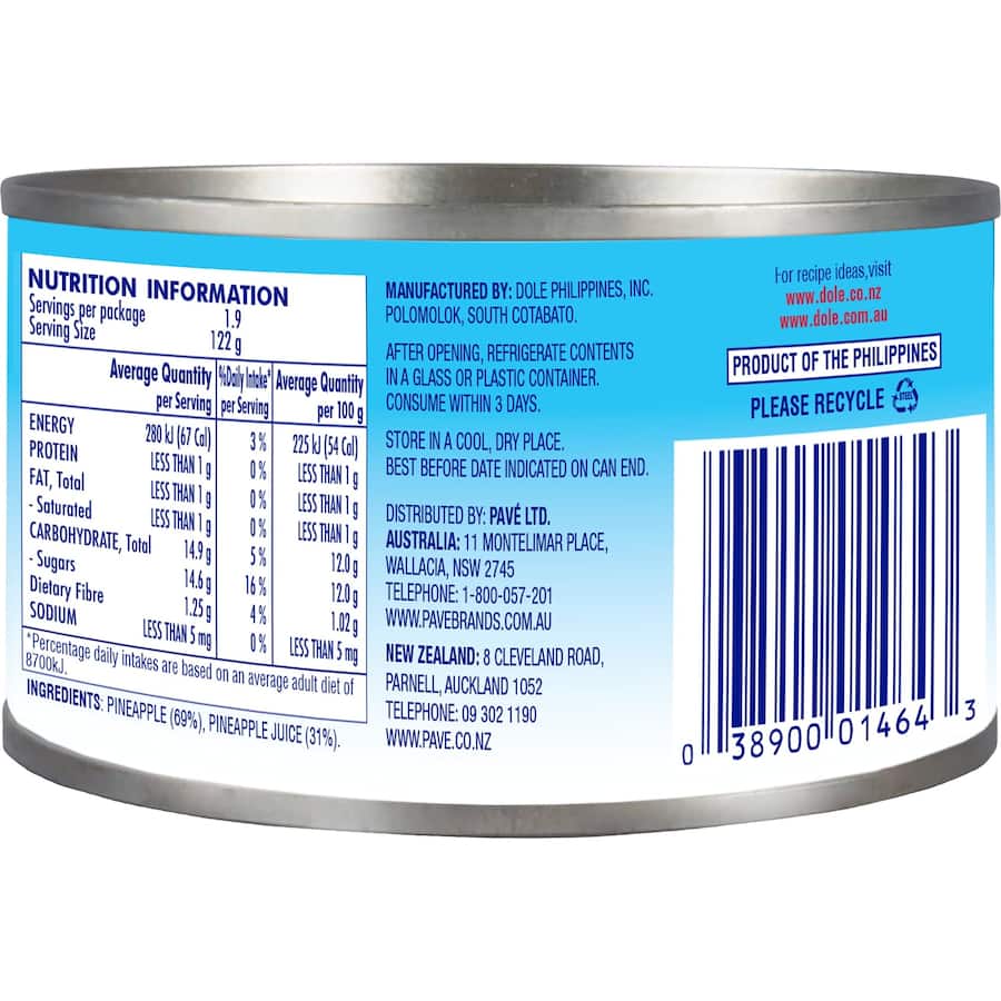 Dole Tropical Pineapple Chunks in juice perfect for adding natural sweetness to salads, desserts, and savory dishes.