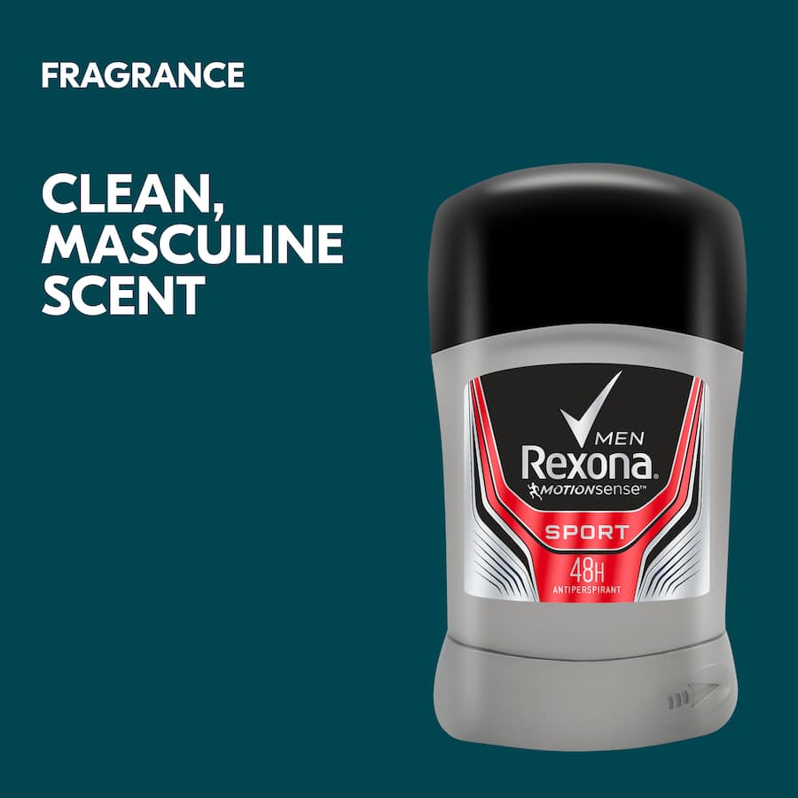 Rexona Men Antiperspirant Stick Sport offers 48-hour sweat protection with refreshing fragrance, ideal for active lifestyles.