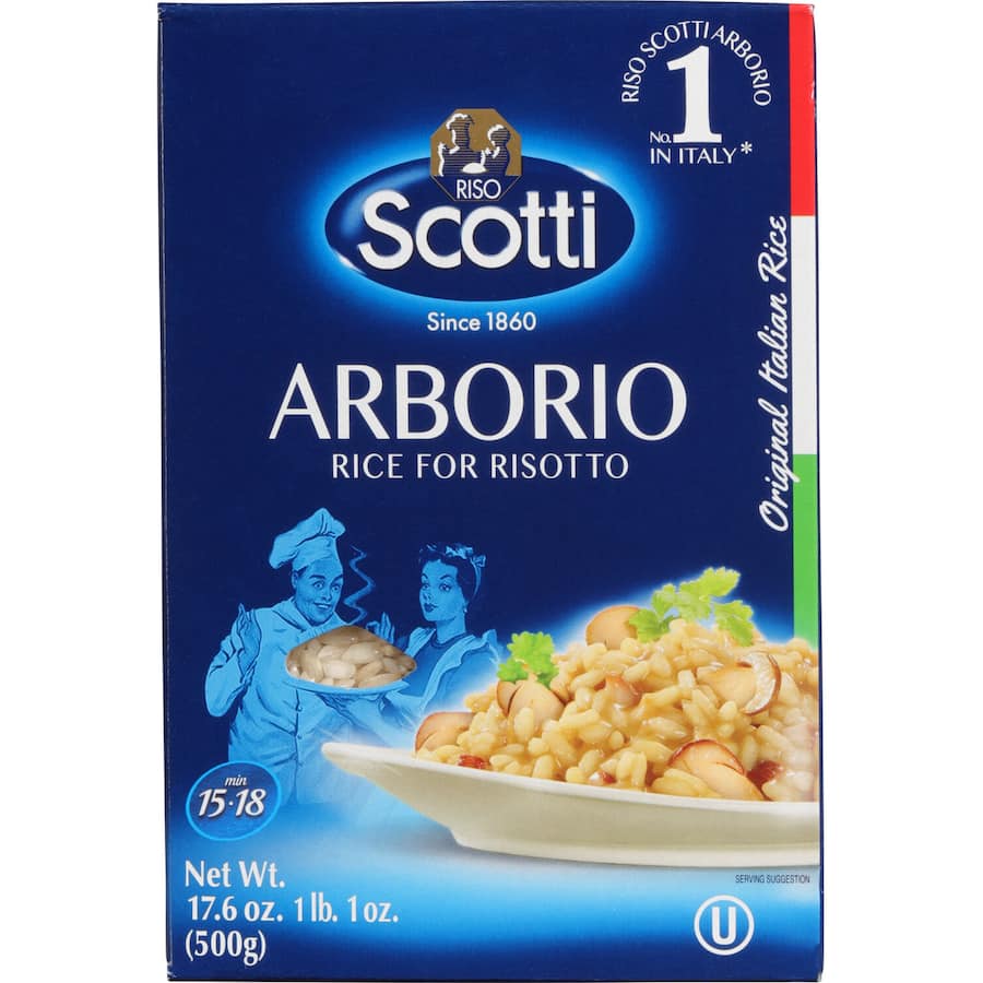 Premium Scotti Arborio Rice for creamy risottos, sourced from Italy with low broken grain percentage and high starch content.