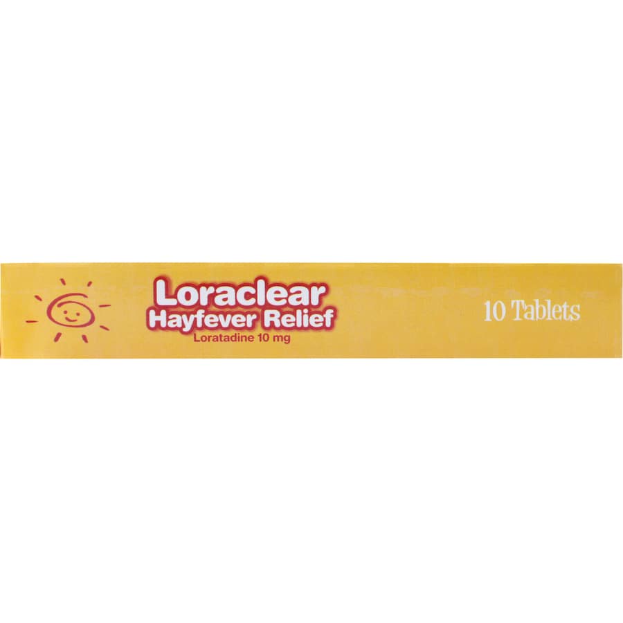 Loraclear Hayfever Relief: fast-acting antihistamine for runny noses, itchy eyes, and sneezing, providing 24-hour allergy protection.