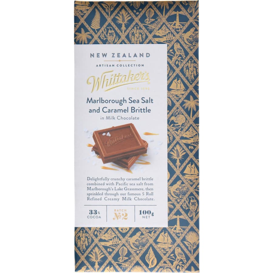 Luxurious Whittakers chocolate block with sea salt and caramel brittle in creamy 33% cocoa milk chocolate, 100g.