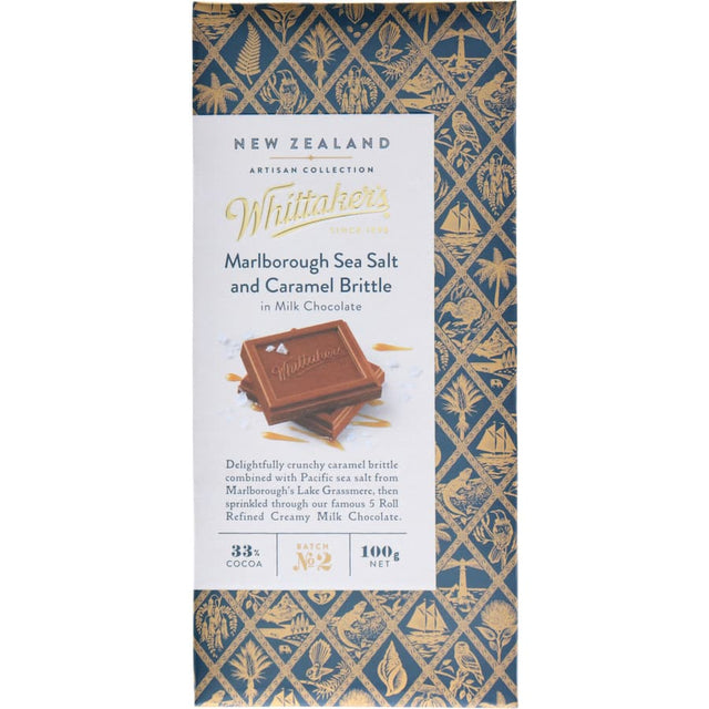 Luxurious Whittakers chocolate block with sea salt and caramel brittle in creamy 33% cocoa milk chocolate, 100g.