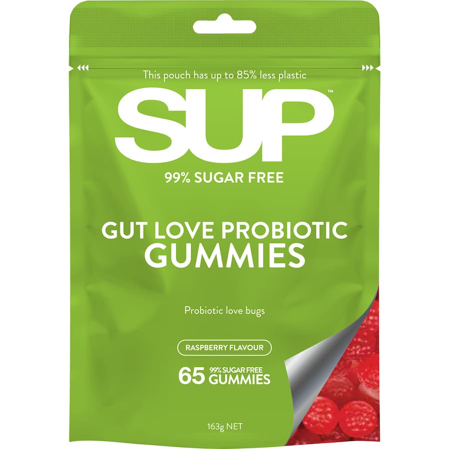 Colorful SUP Gut Love Probiotic Gummies, 99% sugar-free, offering 1 billion CFU for digestive wellness and a tasty treat.
