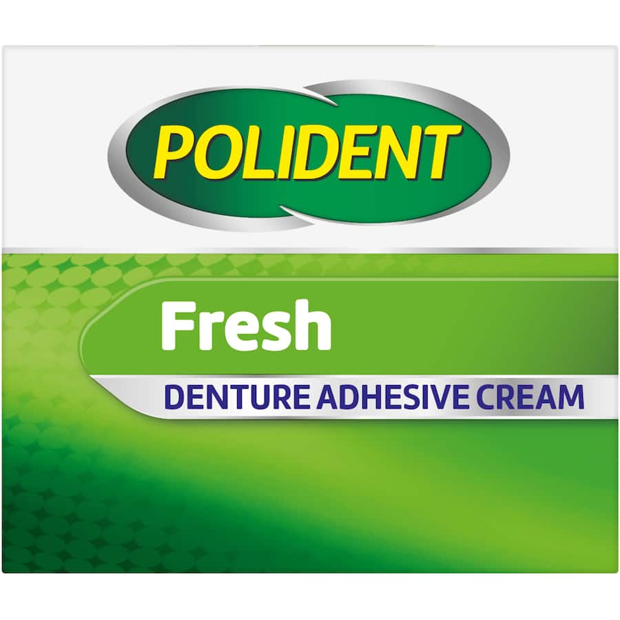 Polident Fresh Mint Denture Adhesive Cream for a strong, all-day hold and fresh mint flavor, enhancing denture comfort and fit.
