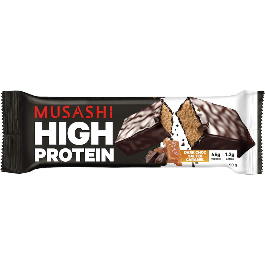 Musashi High Protein Bar in Dark Chocolate Salted Caramel, featuring 45g protein and low carbs, perfect for post-workout snacks.