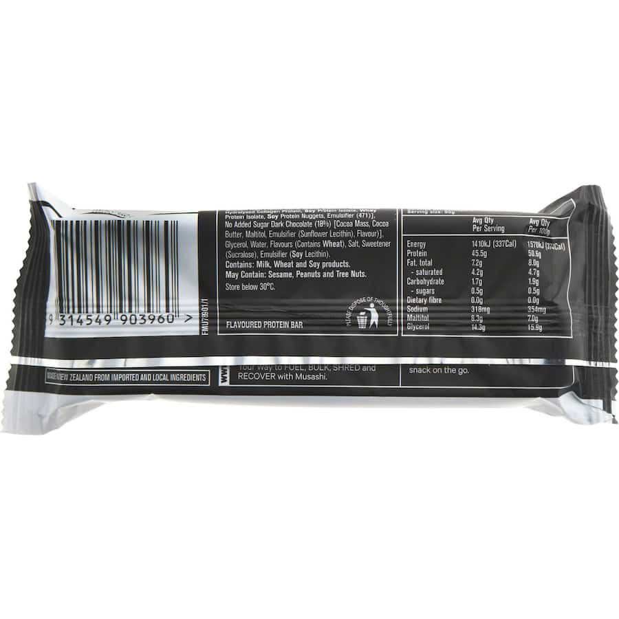 Musashi High Protein Bar in Dark Chocolate Salted Caramel, featuring 45g protein, low carbs, perfect for post-workout nutrition.